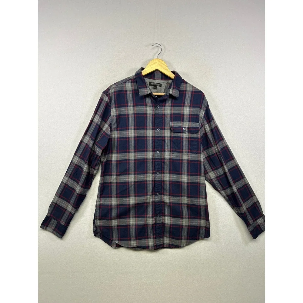 Banana Republic Plaid Flannel Mens L Navy Blue Luxe Flannel Slim Fit Shirt